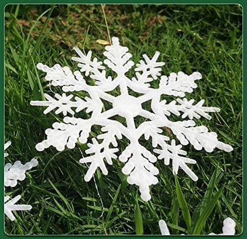 Store snøfnugg (5 stk), hvite glitter snøfnugg, 30 cm, julepynt, vindusdekorasjoner, vinter utendørs dekorasjoner.