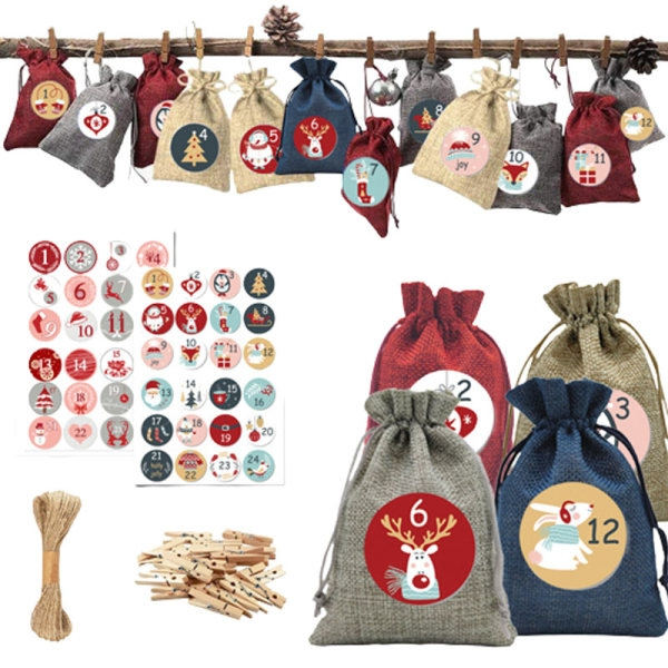 Adventskalendrar Små påsar för att fylla julens set med dragsko Återanvändbar gör-det-själv Gör din egen adventskalender