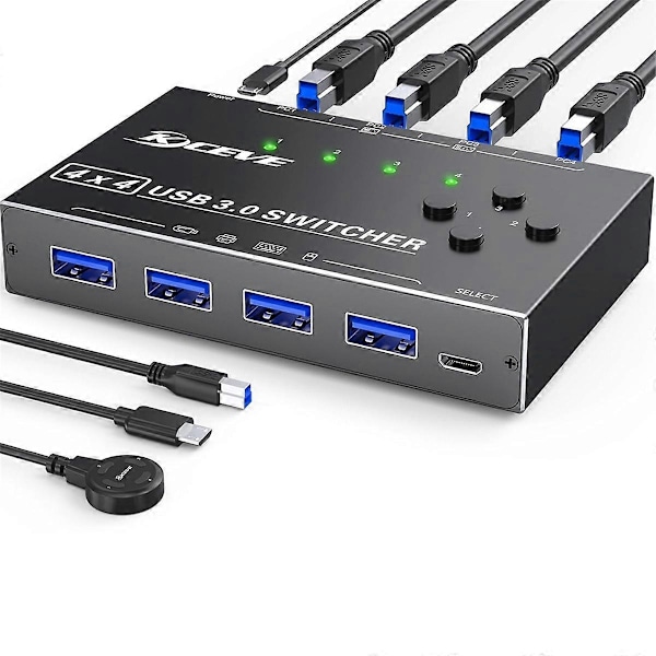 USB 3.0 Switch 4 Datorer, 4 Portar USB Switch Väljare Kompatibel med Tangentbord Mus Switch Skrivardelare-Perfet