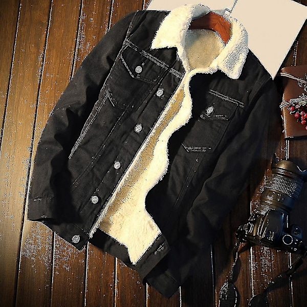Høst- og vinterjakke for menn - Denimfôr, tykk ull, denimjakke, yttertøy, jakke med fløyelslomme, pelsjakke for menn - Perfekt Black XXL