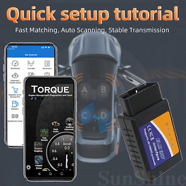Bluetooth ELM327 OBD2 Skanner V1.5 - Bil Diagnostisk verktøy for Android /IOS, Les/Slett Koder, Sanntidsdata, Støtter Alle OBDII Protokoller-Perfekt