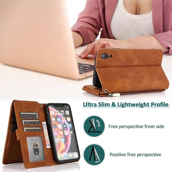 Kompatibel med iPhone Xr Cover, 8 Kort Slots Retro Læder Wallet Stødsikkert Flip Kickstand Cover med Lynlåslomme-Perfet Brown