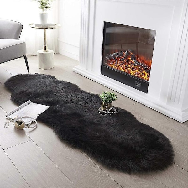 Ultramjuk fluffig matta i fuskfårskinn - Perfekt Black 60*120cm