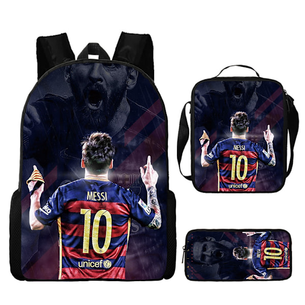 Ett set med ryggsäck, axelväska och pennfodral i tre delar med fotbollsstjärnan Lionel Messi - Perfet Only Backpack P1