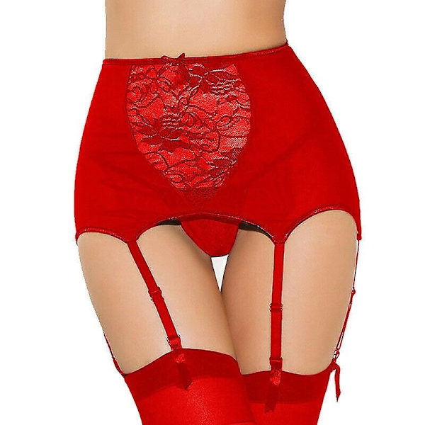 Sexiga underkläder i spets för damer, hög midja, strumpebandshållare, set med strumpor i stora storlekar - Perfet Red XXL