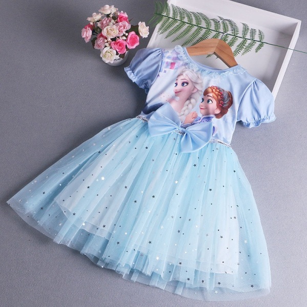 Frozen print prinsessklänning födelsedagsklänning liten flickklänning - Perfet bule 140cm