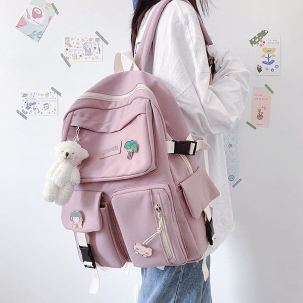 Stor kapacitet rygsæk Sød skoletaske pige bærbar taske Pink - Perfet pink