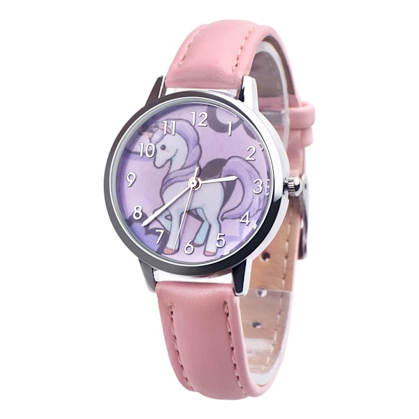 Unicorn Watch Barneklokke Rainbow Animal Barn Jenter Lærreim Analog Legering Kvarts Klokker Armbåndsur Pink