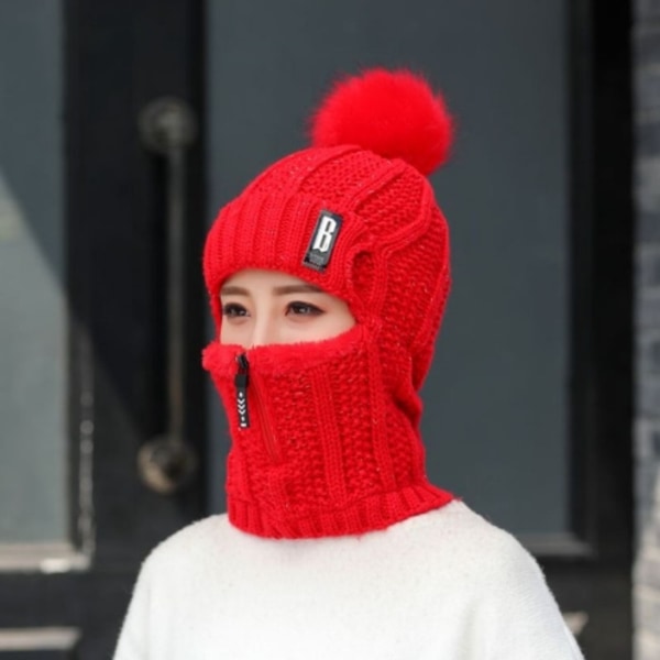 ull stickad mössa för kvinnor Vindtät vinter utomhus skid stickad halsduk - Perfet red
