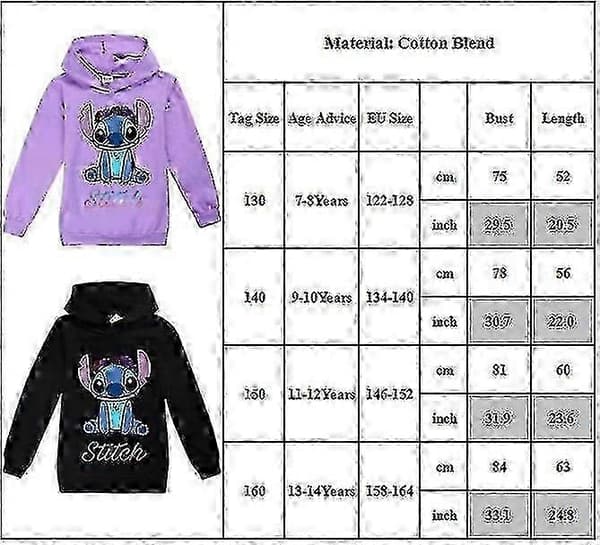 Barn Pojkar Flickor Söt Stitch Tryck Ärm Huvtröja Pullover Toppar Casual Huvtröja-Perfekt Black 9-10 Years