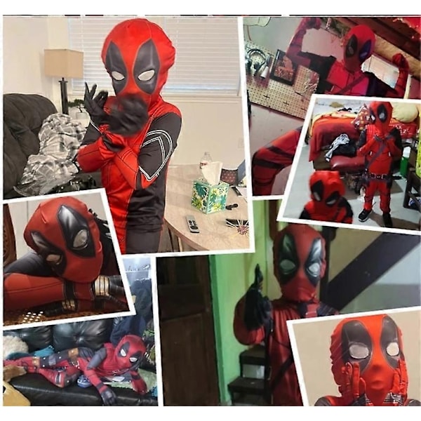 Superhelt Deadpool Kostume til Voksne og Børn - Halloween Rollespil Bodysuit Strømpebukser med Tilbehør - Perfekt 110 cm