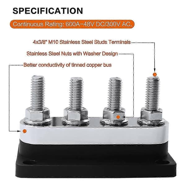 600A Samleskinne 4-Stud (3/8 tommer) M10 Højstrøms Kobber Samleskinne Terminalblok Marine DC 12V 24V 48V-Perfet
