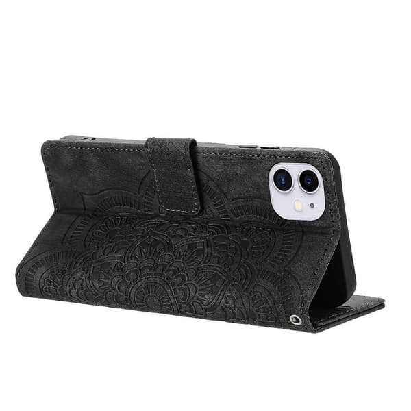 för iPhone 11 Läderfodral WANLONFENG HDM-serien Mandala Prägling Plånboksställ Telefonskal - Perfekt Black