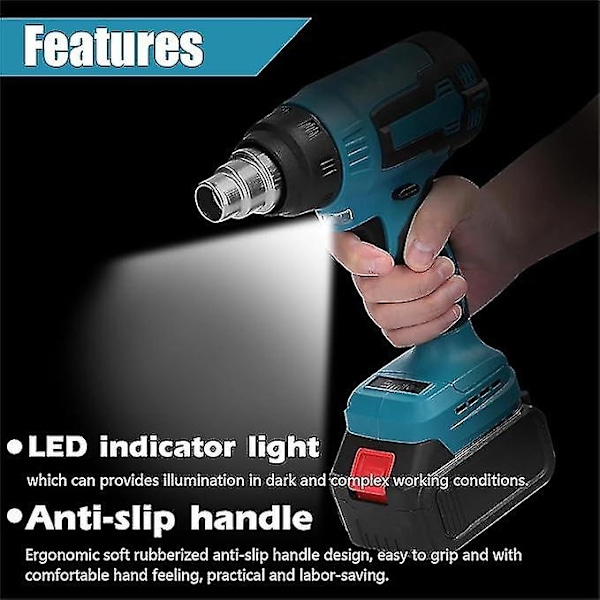 Sladdlös Värmepistol, Värmepistol för Makita 18 V Batteri, med Reducerare, Bred Munstycke, Reflektormunstycke, Temperatur Upp Till 550 C, LED-belysning-Perfet