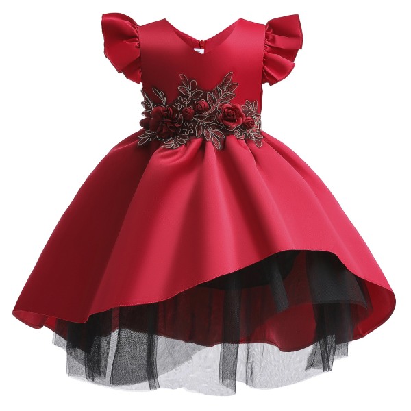 Jenter Rose Blomster Prinsesse Brudekjole Fest Formell Kjole - Perfet wine red 120cm