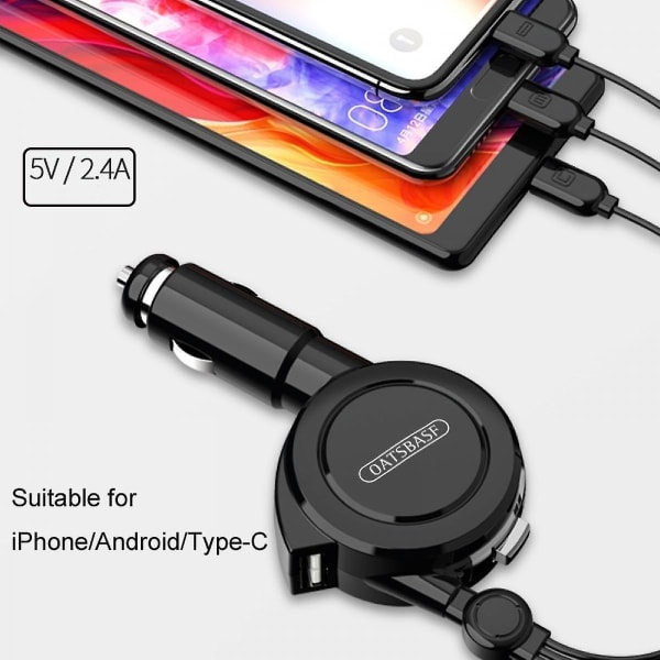 Veeki Quick Charge billaddare, billaddaradapter med dubbla portar med töjbar kabel och 3 i 1 snabbladdningskabel för iPhone 13/ pro Max/ pro, 12/
