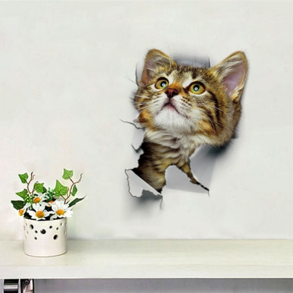 6 st 3D Söt Katt Dekorativa Väggdekor för badrum, Broken Kitty - Perfet