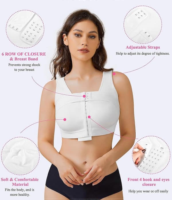 Frontlukning Kompressions Trådløs Hverdags BH til Kvinder Post Surgery Posture med Bryststøttebånd - Perfet White Medium