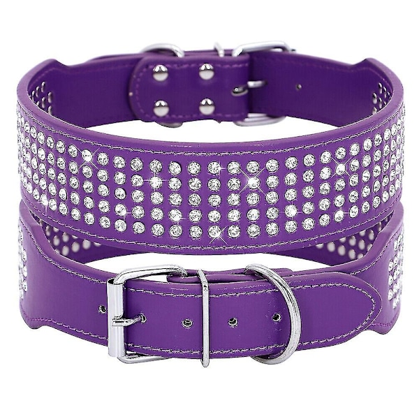 5-Raders Hundesett med Strass i PU-Lær, Diamant Bling for Store Hunder 2,0\" Bred - Perfekt Purple XL Neck 48-55cm