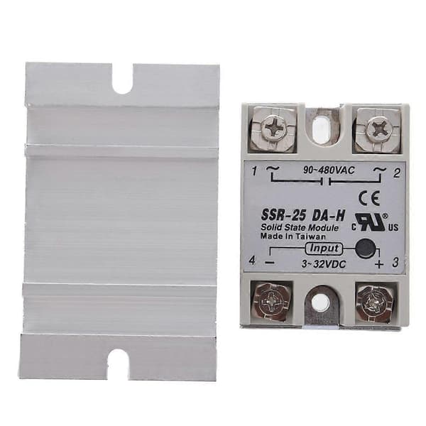 Solid State Relé SSR-25DA-H 25A 3-32V DC 90-480V AC med kjøleribbe - Perfekt