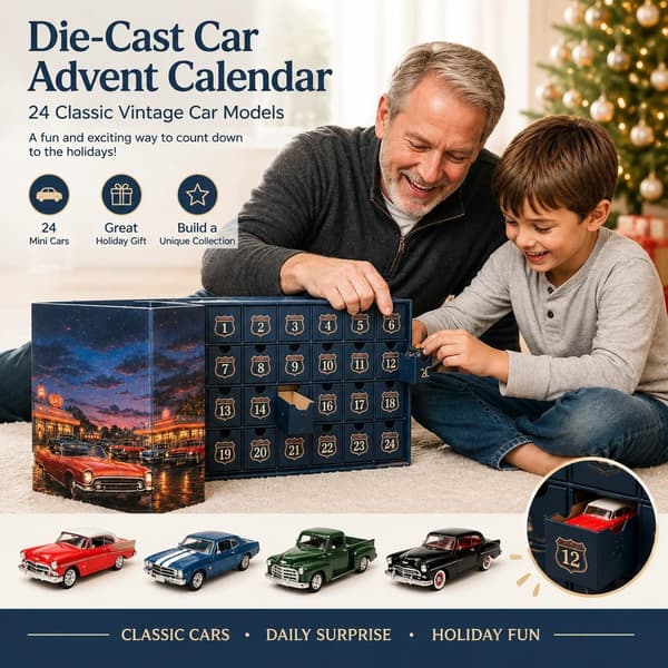 Julekalender med 24 trykstøbte modelbiler, klassisk retro modelbil-samlerobjekt, julegaveæske.