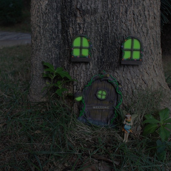 Fairy dør og vindue til træglødende miniature Fairy Garden udendørs indretning med bonus Fairy Lanterne Glød i mørket Noctilucent