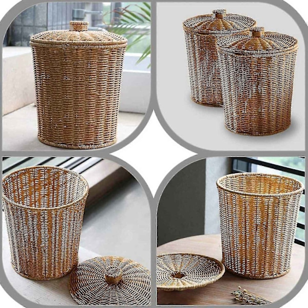 Vävd Papperskorg Rund Rotting Papperskorg med Lock Planter Vävd Korgar Korg Papperskorg - Perfekt