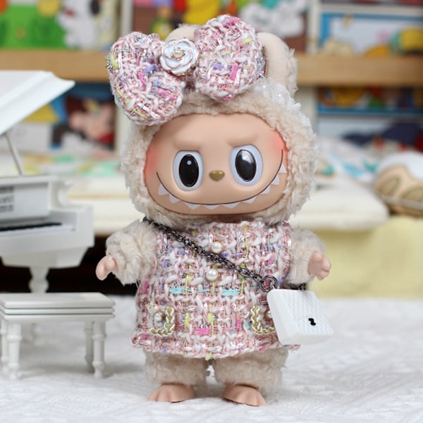 POP MART The Monsters Labubu Plysjdukke Etnisk Stil Kjole + Hodeplagg Veske (Ingen Leke)-Perfekt Pink