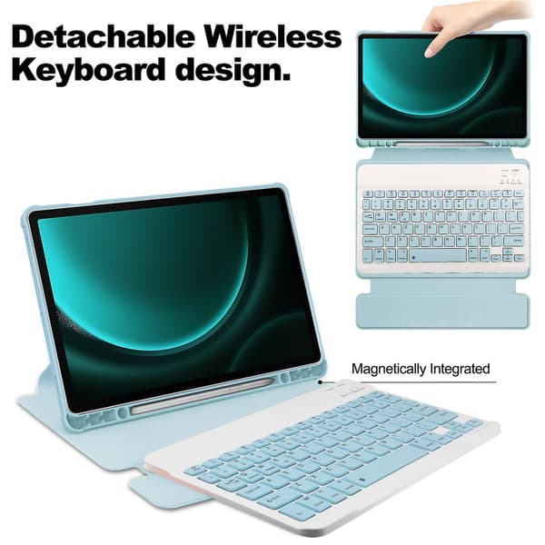 Suojakotelo Samsung Galaxy Tab S9 FE Plus -tabletille Bluetooth-näppäimistöllä ja pyörivällä jalustalla - Perfekt Sky Blue