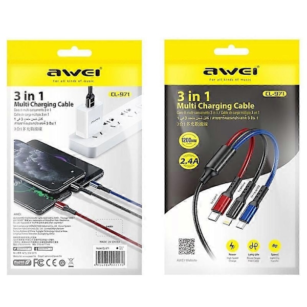 awei CL-971 3 i 1 1.2m 2.4A USB till 8 Pin + Micro USB + USB-C / Type-C Multi Laddningskabel - Perfekt