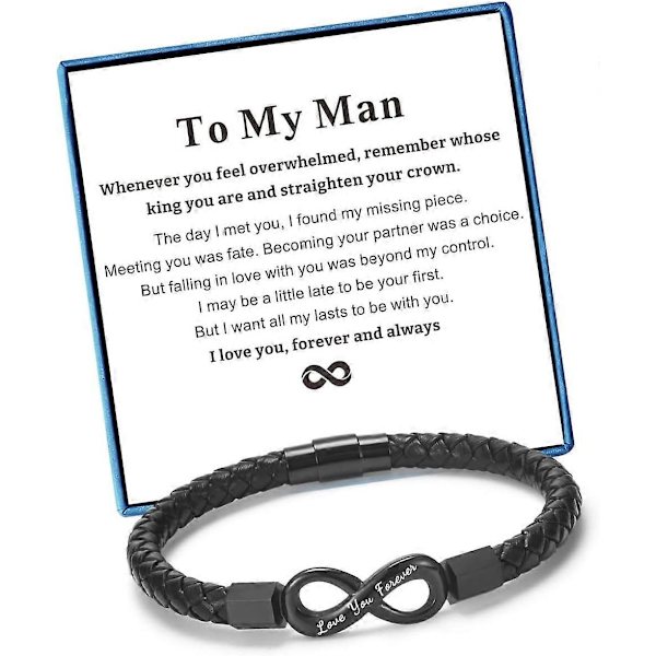 Armband till Min Man för Pojkvän Make Mäns Oändlighetsläderarmband Alla Hjärtans Dag Födelsedag Fars Dag Julgåvor till Honom-Perfekt 8.5 inch