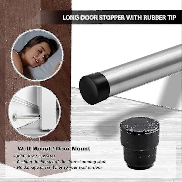 Dørstoppere, 15 cm lang dørstopper, veggmontering, kraftig solid svart dørstopper børstet rustfritt stål med myke gummistøtfangertupper - Perfekt Silver 5 Inch*2