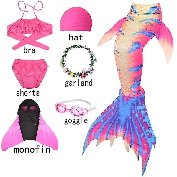 Halloween 7st/ set Barn The Little Mermaid Tail Baddräkt med Monofin Bikini Baddräkt Carnival Party Beach Badkläder - Perfet 7pcs-B with fin 140(height130-140cm)