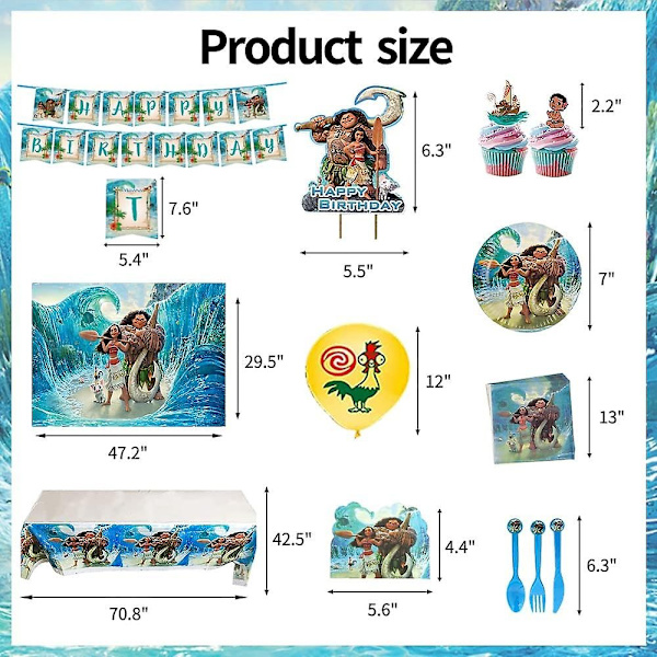 Moana Fødselsdagsfest Tilbehør - 172 stk Moana Fødselsdagsfest Dekorationer Moana Fest Tilbehør Inkluderer Moana Banner Balloner Cupcake Toppers Dug T