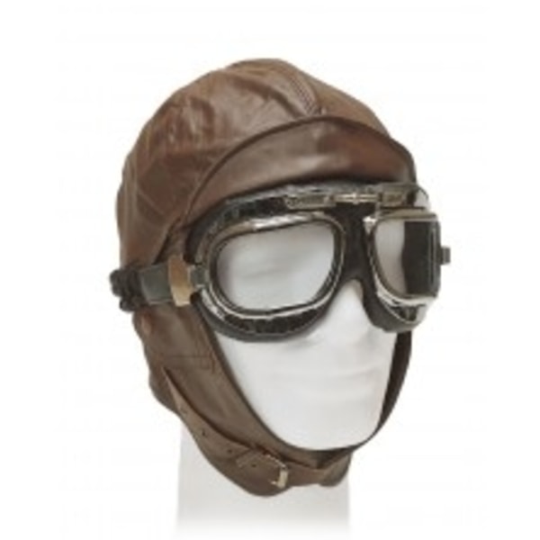 XXXL Gammeldags Retro pilot kasket i læder og briller brun - Perfet brown