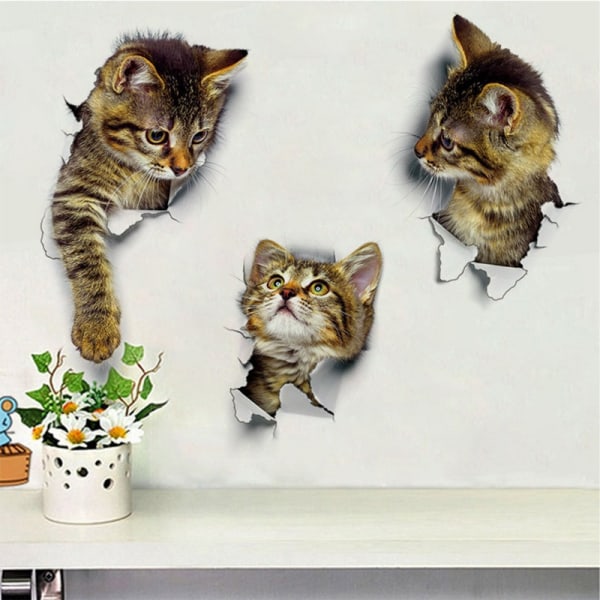 6 stk 3D Cute Cat dekorative veggdekor på badet, Broken Kitty - Perfet