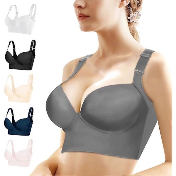 Push Up BH til Kvinder, Full-Coverage Bøjle BH, Skjuler Rygfedt Dyb Cup BH, Glattende T-shirt BH, Formende Uplift BH - Perfekt Grey 48DD