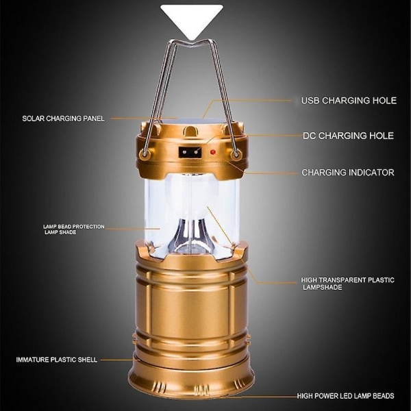 Golden Led Camping Lantern Portable Solar Rechargeable Telescopic - Perfet