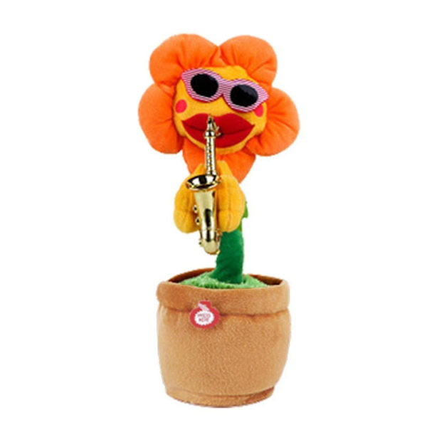 Dansende Solsikke med Saxofon 35cm Elektronisk Syngende Legetøj 80 Sange Svingende Blomsterpotte-Perfekt Orange Sharp Corners