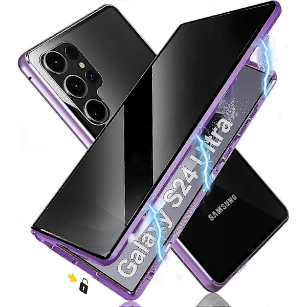 Yksityisyyttä suojaava magneettikotelo Samsung Galaxy S24 Ultra/s24 Plus/s24 -puhelimille turvalukolla, magneettinen kaksipuolinen karkaistu lasinen puhelinkotelo - Täydellinen Purple S24 Plus