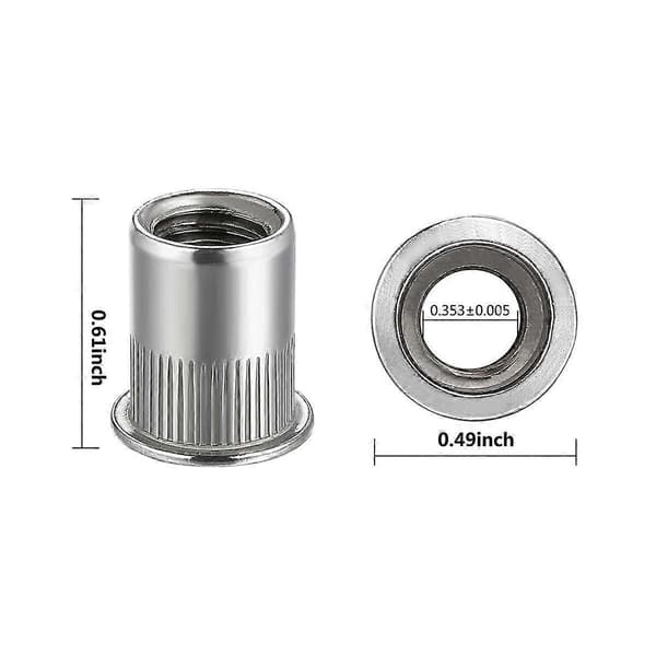 Mutter 100 stk. 1/4In-20UNC Rustfritt stål 304 Finish Flat Head Rivnut Gjenget Innsettingsmutter Riflet Kropp-Perfekt