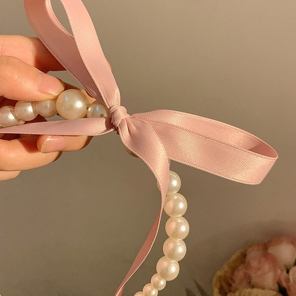 Sweet Bowknot Pearl Hair Band Girls French Pearls Pannebånd Hår - Perfet Pink