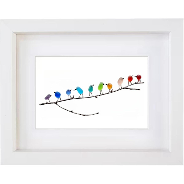 Havsglas Regnbågsfåglar, Havsglaskonst, Havsglas & Drivved Bild, Regnbågsfågel Väggdekor, Perfekt Present Passar Jul Födelsedag Halloween White Frame 10 Birds
