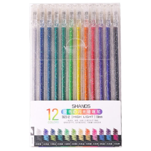 Gel Pen Set Glitter Gel Pennor Vuxen Målarbok Journaler Penna - Perfet 12 colors