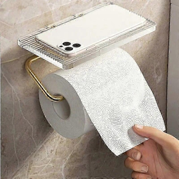 Lyxig Guld Toalettpappershållare med Hylla Ingen Stansning Akryl Rullpappershållare Tissue Hängare Badrumstillbehör Badrum-Perfekt Style 2 Silver