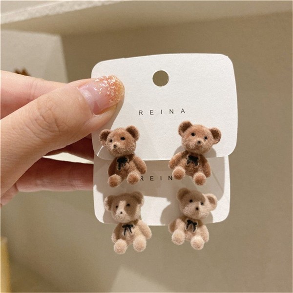 e Flocking Plysch Bear Stud örhängen Girl Kawaii Animal Örhänge - Perfet D