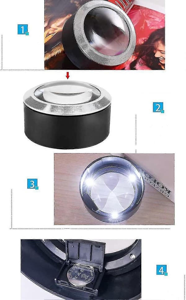 5x Bordluplampe med 3 Led Oversized Dome Håndholdt Belyst Forstørrelsesglas - Perfekt