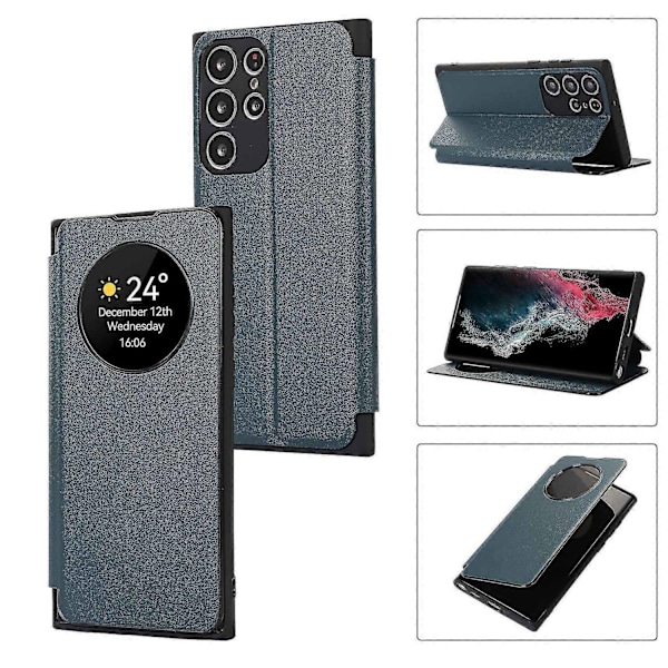 Fodral för Samsung Galaxy S24, Smart Sleep/Wake Up Funktion Visningsfönster Premium Läder Flipfodral med Kortplats, Ställ Trådlös Laddning-Perfekt green S24 Ultra