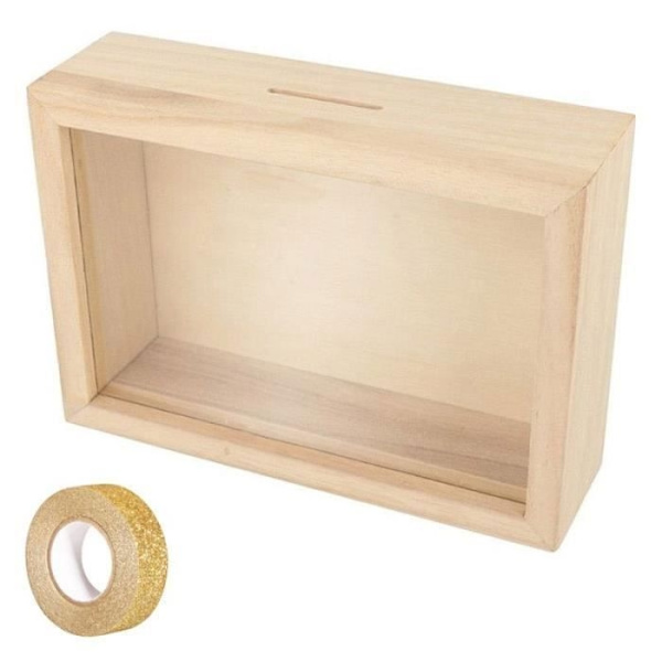 Spargris med träram att skräddarsy 12 x 17 cm + gyllene glitter maskeringstejp 5 m erbjuds- Perfet