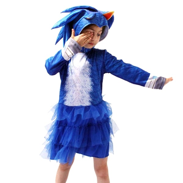 Sonic The Hedgehog Cosplay Halloween -vaatteet lapsille, pojille, tytöille - täydelliset Klänning+huva 10-12 år = EU 140-152